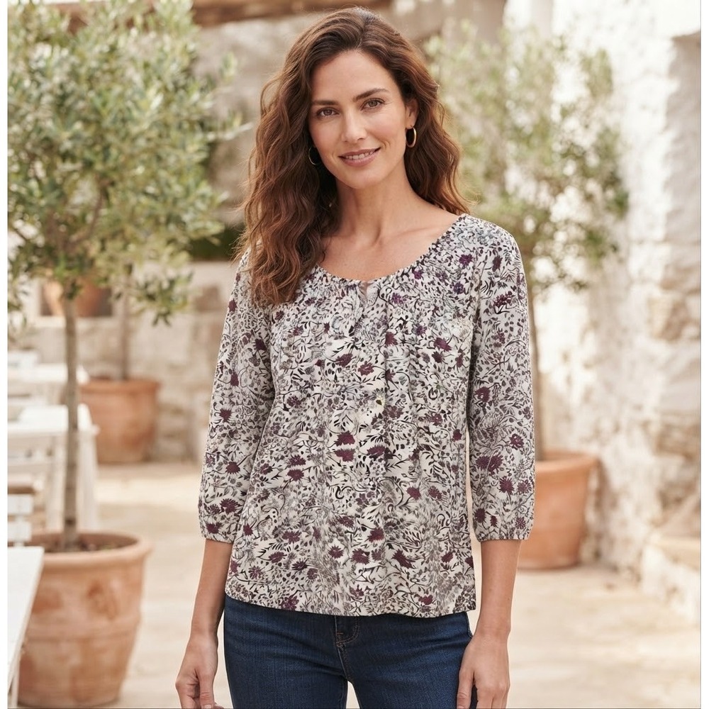 Allyson Whitmore Floral Blouse Petite Large White Stretch Pullover Button Womens